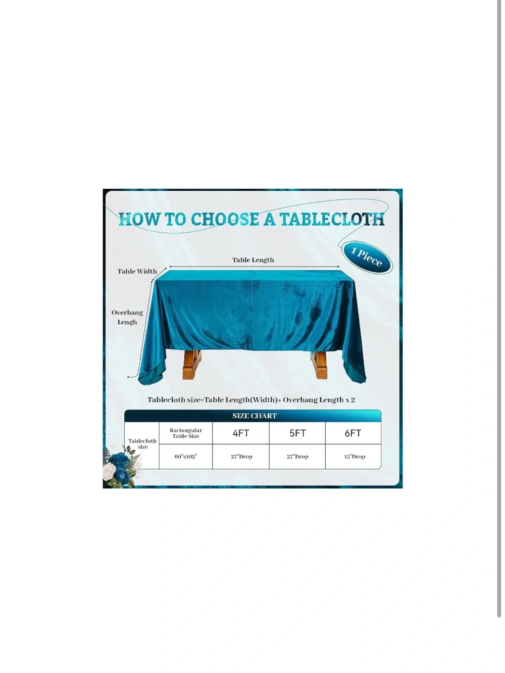 Luxurious Velvet Tablecloth Rectangular (60x102”) PEACOCK BLUE